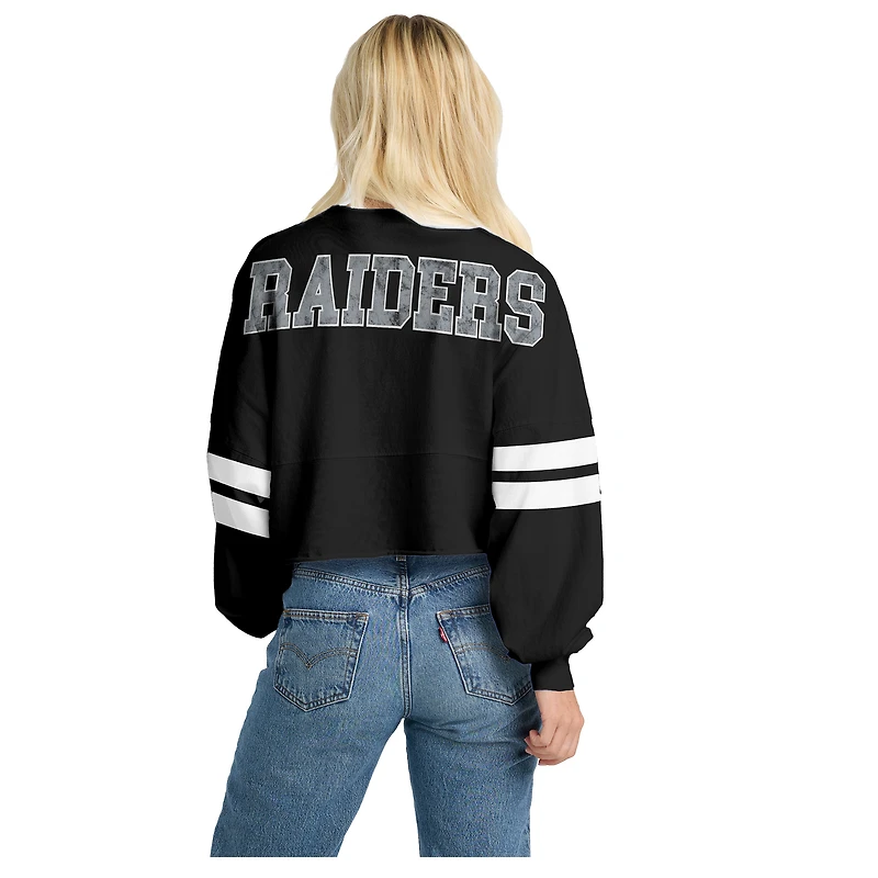 Women's Spirit Jersey Black Las Vegas Raiders Oversized Cropped Stripe Long Sleeve T-Shirt