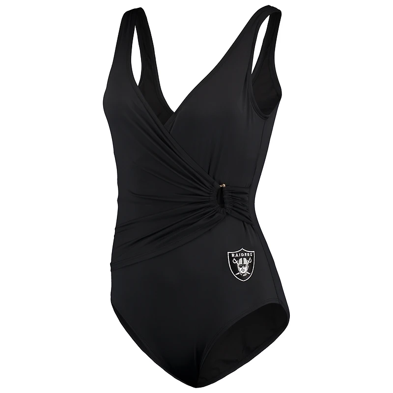 Women's Tommy Bahama Black Las Vegas Raiders Pearl Clara Wrap One-Piece Swimsuit