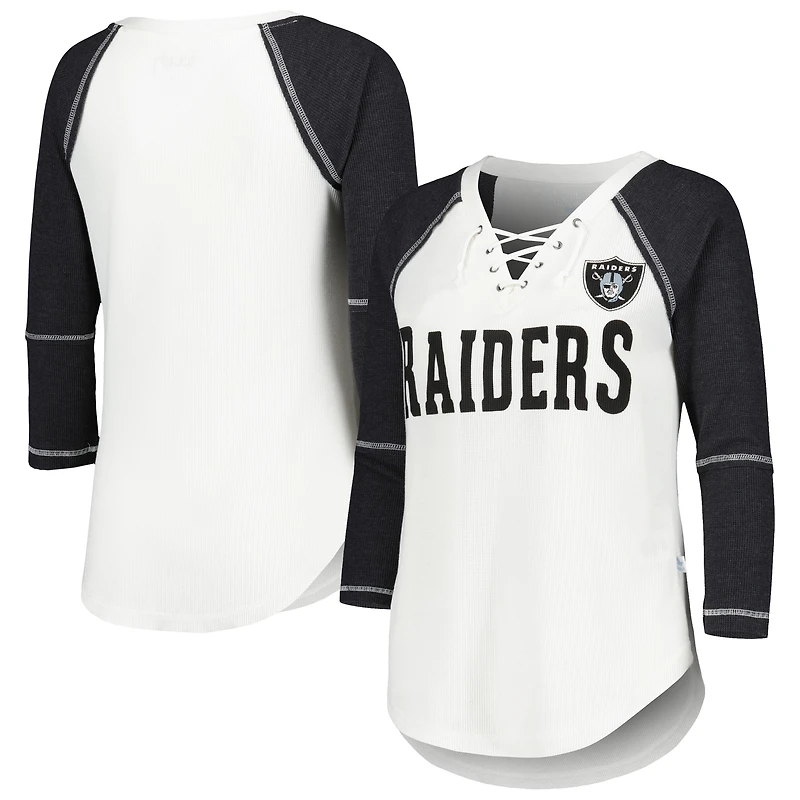 T-shirt à col en V lacets et manches 3/4 Touch White/Black Las Vegas Raiders Rebel Raglan Tri-Blend pour femmes