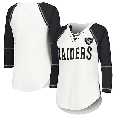T-shirt à col en V lacets et manches 3/4 Touch White/Black Las Vegas Raiders Rebel Raglan Tri-Blend pour femmes