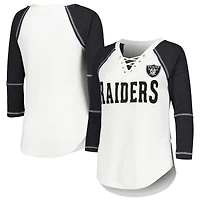 T-shirt à col en V lacets et manches 3/4 Touch White/Black Las Vegas Raiders Rebel Raglan Tri-Blend pour femmes