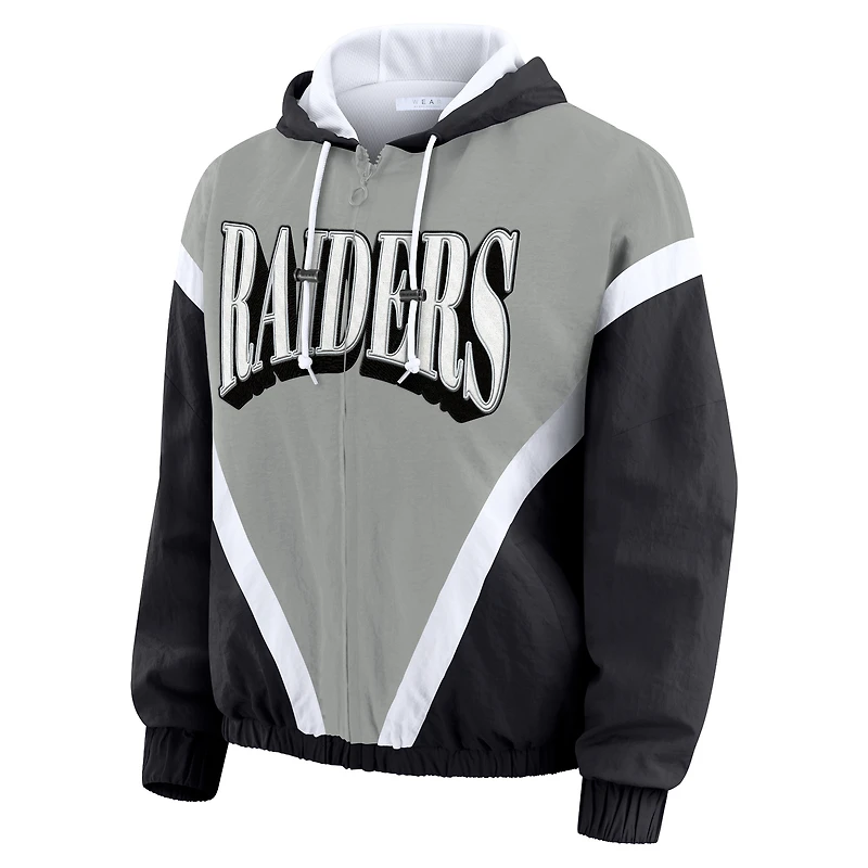 Veste coupe-vent zippée rétro froissée grande taille pour femme WEAR by Erin Andrews, noire/grise, des Las Vegas Raiders