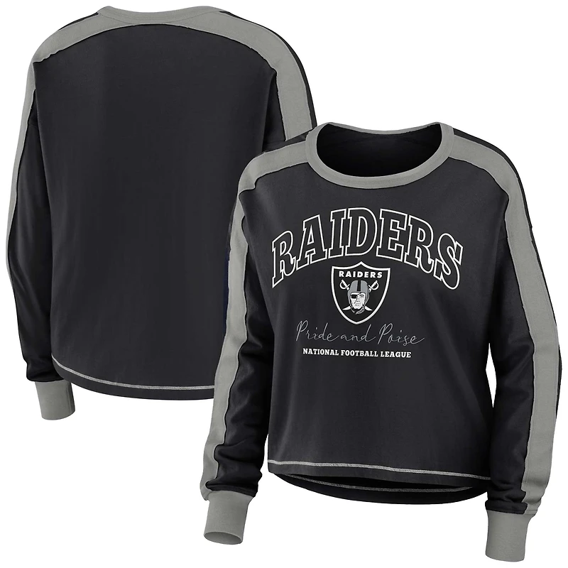 Women's WEAR by Erin Andrews Black/Silver Las Vegas Raiders Color Block Modest Crop Long Sleeve T-Shirt