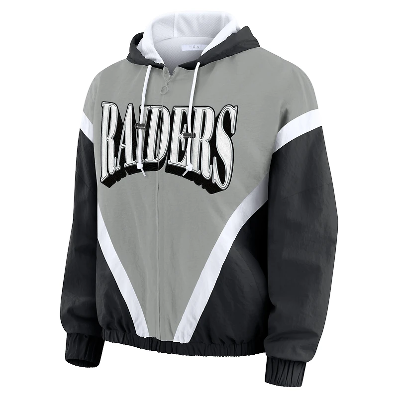 Women's WEAR by Erin Andrews Black/Silver Las Vegas Raiders Retro Crinkle Full-Zip Hoodie Windbreaker