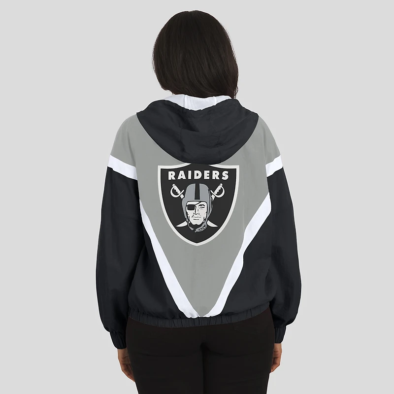 Women's WEAR by Erin Andrews Black/Silver Las Vegas Raiders Retro Crinkle Full-Zip Hoodie Windbreaker