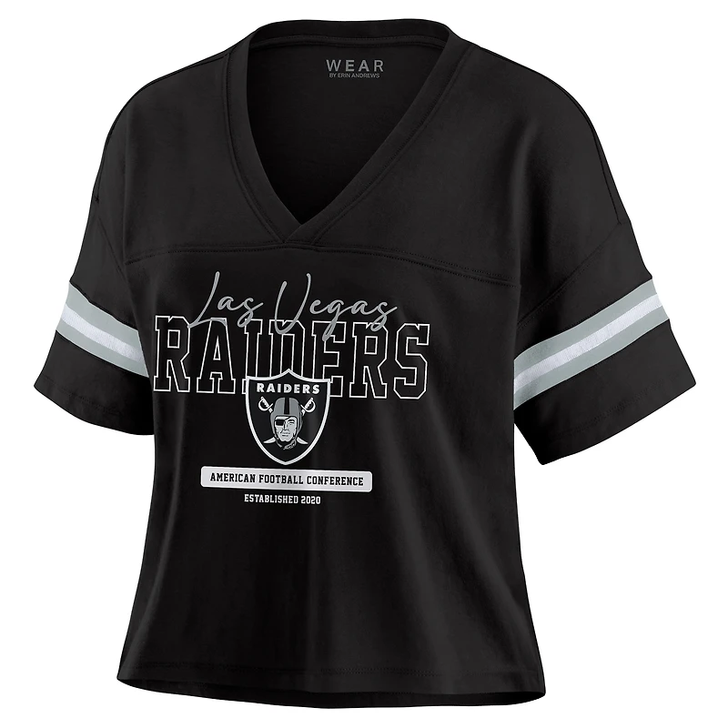 Women's WEAR by Erin Andrews Black Las Vegas Raiders Color Block Boxy Modest Crop V-Neck T-Shirt