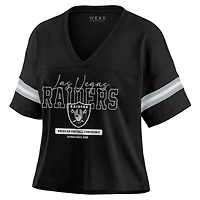 Women's WEAR by Erin Andrews Black Las Vegas Raiders Color Block Boxy Modest Crop V-Neck T-Shirt