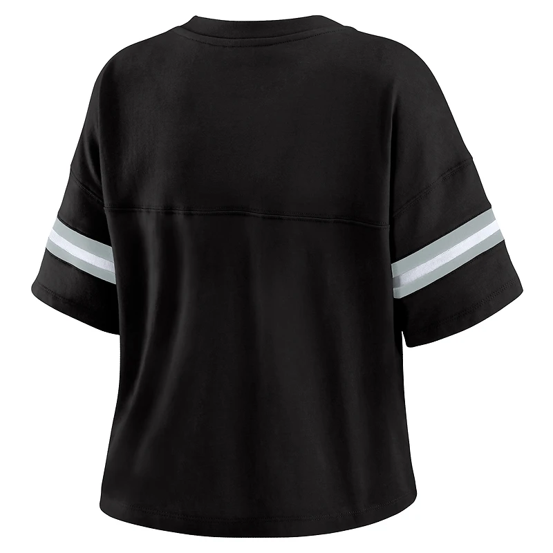 Women's WEAR by Erin Andrews Black Las Vegas Raiders Color Block Boxy Modest Crop V-Neck T-Shirt