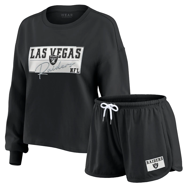 Ensemble de détente pour femme WEAR by Erin Andrews, t-shirt à manches longues et short en jersey rugby épais noir des Las Vegas Raiders
