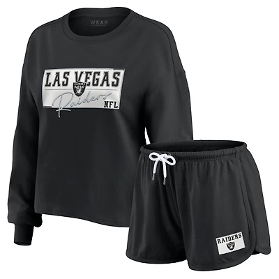 Women's WEAR by Erin Andrews Black Las Vegas Raiders Heavy Rugby Jersey Long Sleeve T-Shirt & Shorts Lounge Set