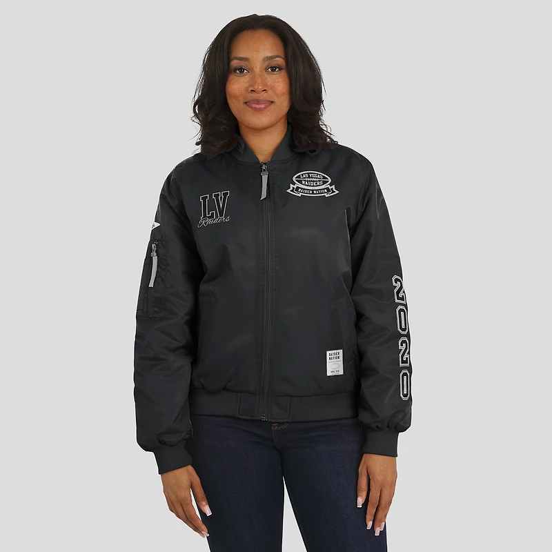 Veste aviateur zippée complète noire WEAR by Erin Andrews pour femme avec patch des Las Vegas Raiders