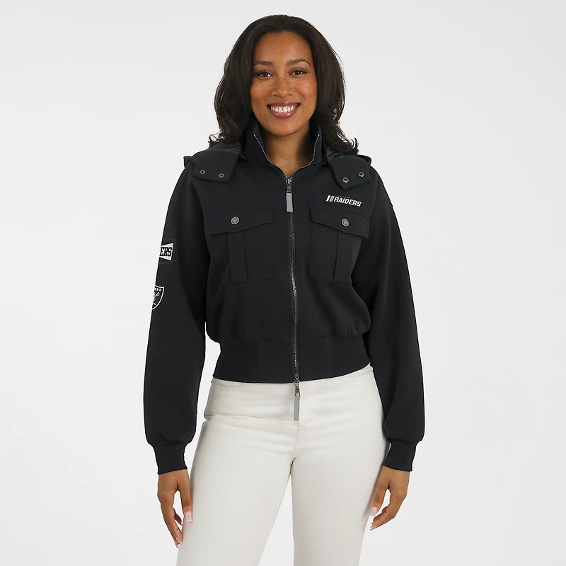 Women's WEAR by Erin Andrews  Black Las Vegas Raiders Patch Pocket Cropped Full-Zip Bomber Jacket
