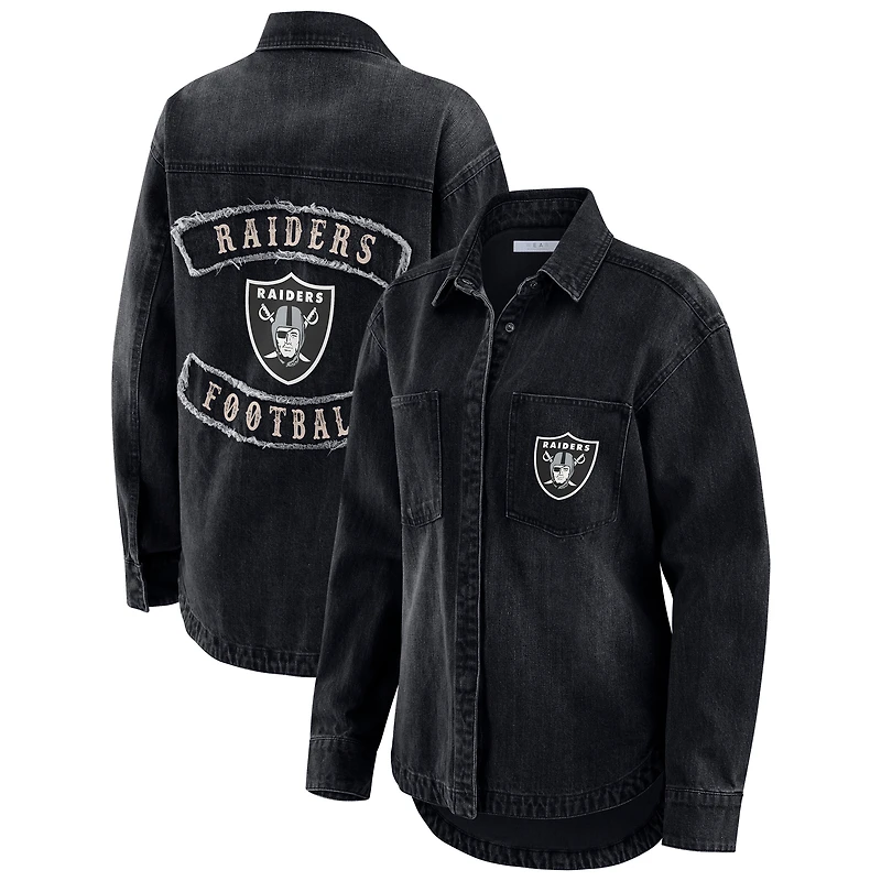Veste-chemise oversize en denim noir délavé à boutons-pression pour femme WEAR by Erin Andrews des Las Vegas Raiders