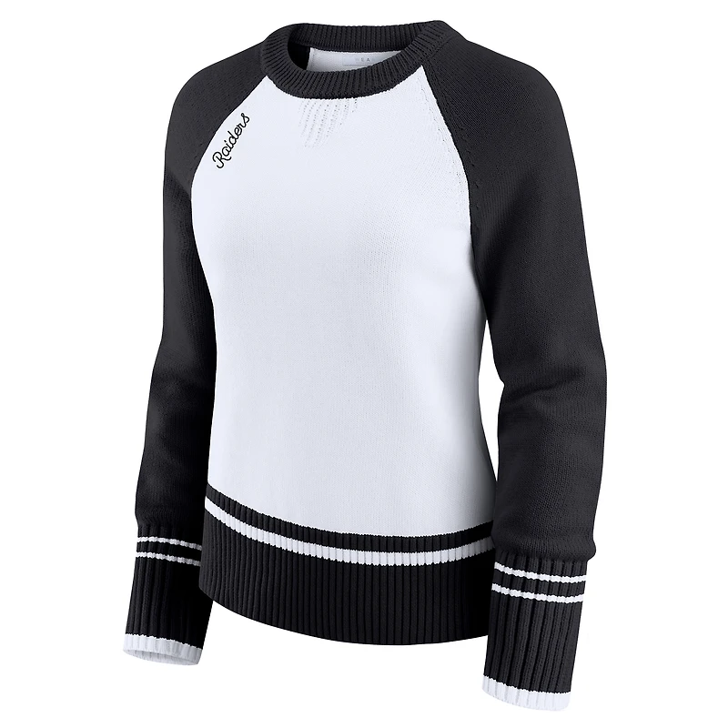 Pull raglan colorblock blanc/noir des Las Vegas Raiders pour femme par Erin Andrews