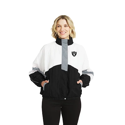 Veste coupe-vent à capuche blanche et noire Las Vegas Raiders, style froissé, fermeture boutons-pression, pour femme, par Erin Andrews WEAR by