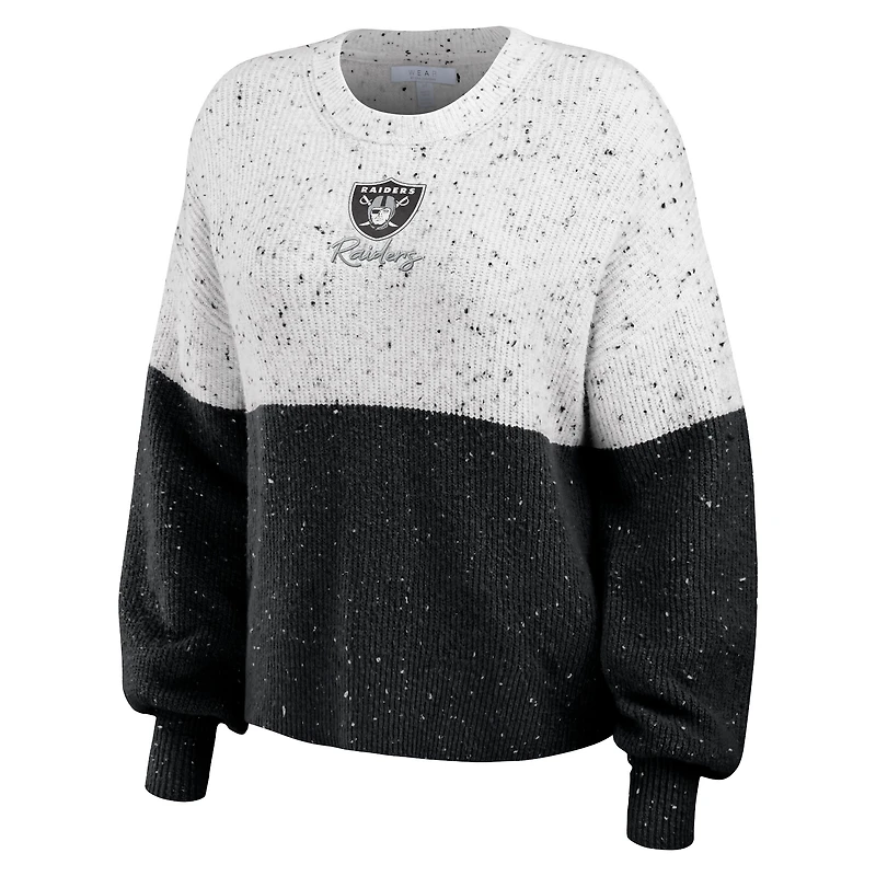 Women's WEAR by Erin Andrews  White/Black Las Vegas Raiders Lighweight Modest Crop Color-Block Pullover Sweater