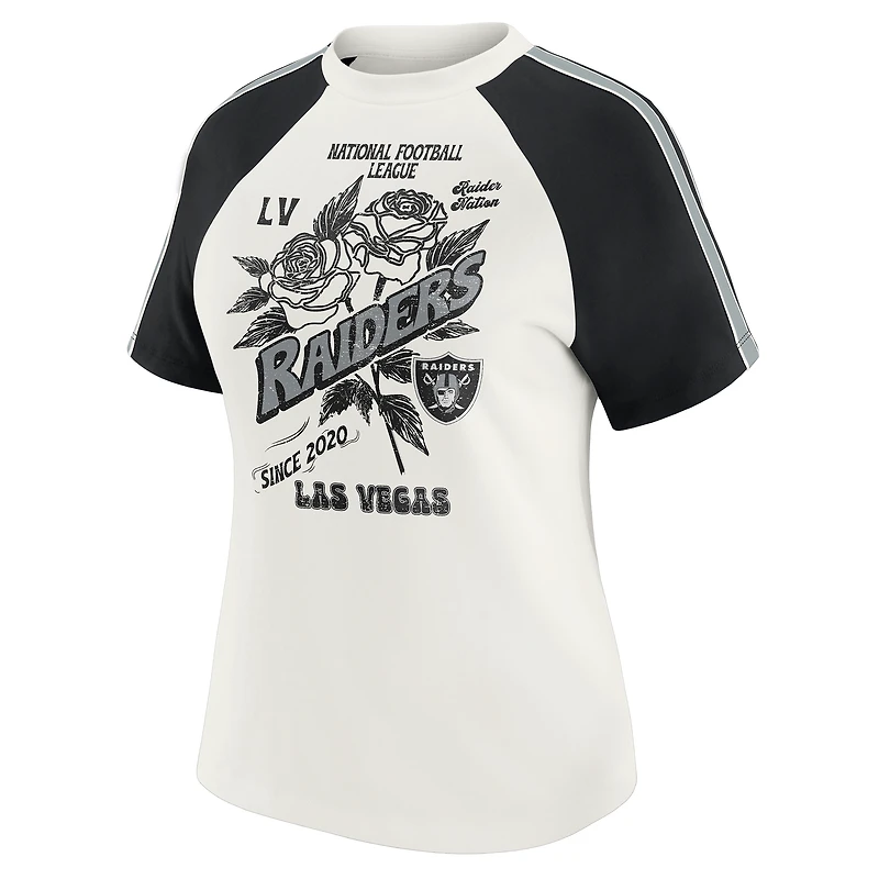 T-shirt raglan blanc à rayures et manches effet vieilli pour femme WEAR by Erin Andrews, motif Las Vegas Raiders