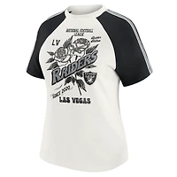 T-shirt raglan blanc à rayures et manches effet vieilli pour femme WEAR by Erin Andrews, motif Las Vegas Raiders