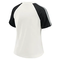 Women's WEAR by Erin Andrews White Las Vegas Raiders Sleeve Stripe Distressed Raglan T-Shirt