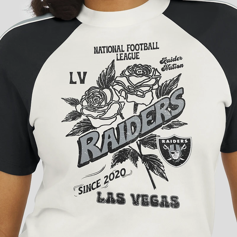 Women's WEAR by Erin Andrews White Las Vegas Raiders Sleeve Stripe Distressed Raglan T-Shirt