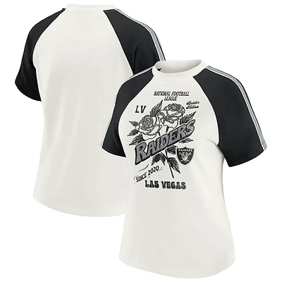 Women's WEAR by Erin Andrews White Las Vegas Raiders Sleeve Stripe Distressed Raglan T-Shirt