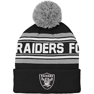 Bonnet en tricot à revers jacquard noir Las Vegas Raiders pour jeunes avec pompon