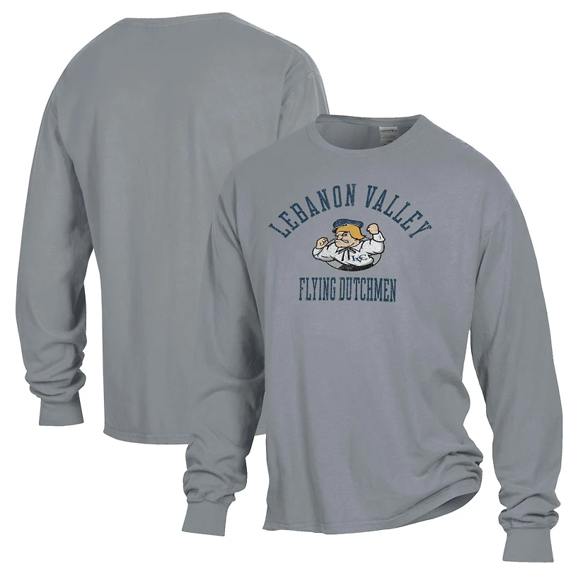 Men's ComfortWash Gray Lebanon Valley Flying Dutchmen Arch Logo Garment Dyed Long Sleeve T-Shirt