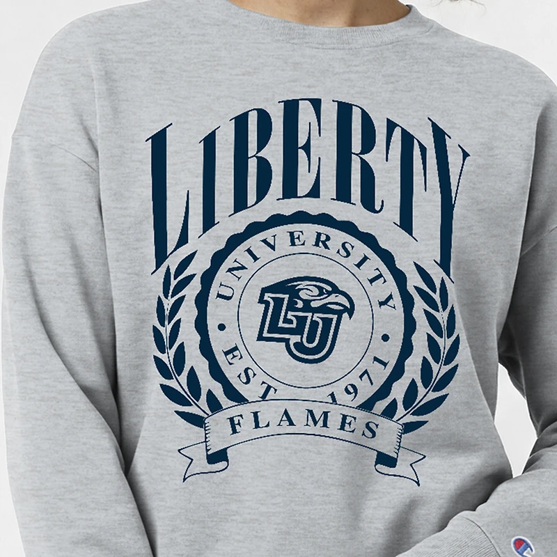 Women's Champion  Heather Gray Liberty Flames Academic Crest Powerblend Crewneck Sweatshirt