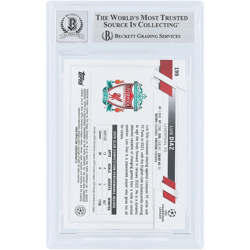 Luis Diaz Liverpool Autographié 2022-23 Topps Chrome UEFA #199 Beckett Fanatics Witnessed Authenticated Auto 10 Card