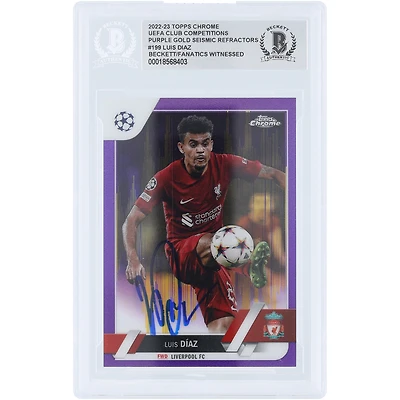 Réfracteur sismique autographié Luis Diaz Liverpool 2022-23 Topps Chrome UEFA Purple Gold #199 Beckett Fanatics Witnessed Authenticated Card