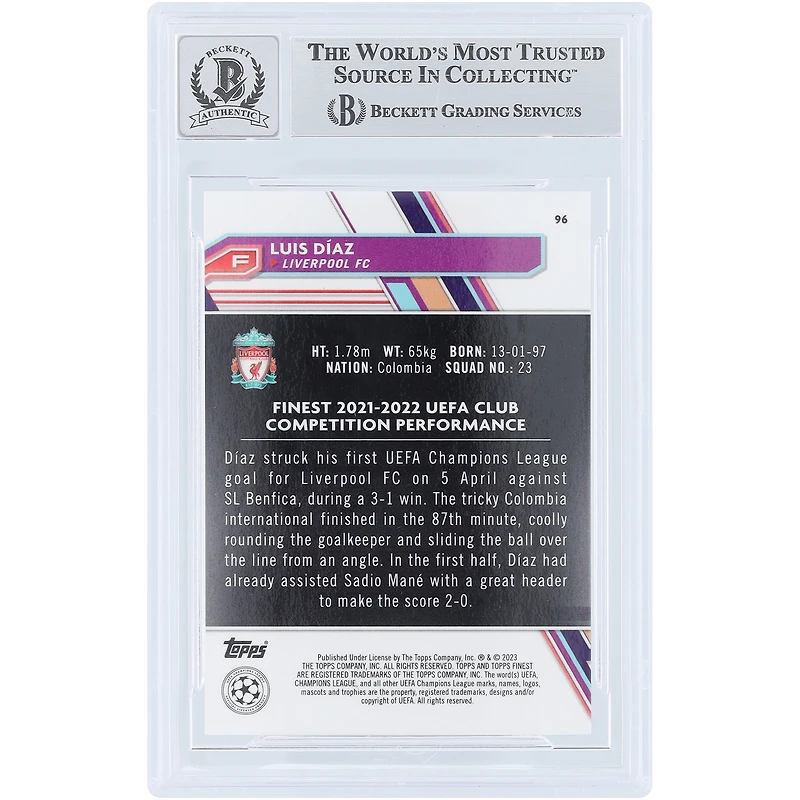 Luis Diaz Liverpool Autographié 2022-23 Topps Finest UEFA Blue Refractor #96 #/150 Beckett Fanatics Witnessed Authenticated Auto 10 Card