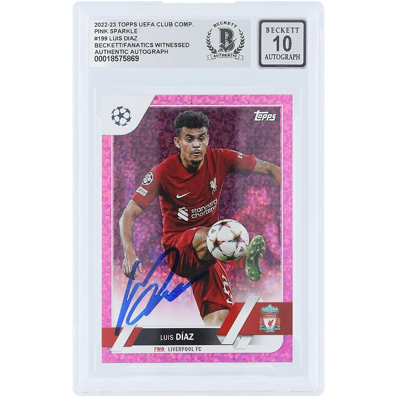 Luis Diaz Liverpool Autographié 2022-23 Topps UEFA Pink Sparkle #199 Beckett Fanatics Witnessed Authenticated Auto 10 Card
