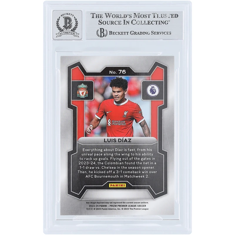 Luis Diaz Liverpool autographié 2023-24 Panini Prizm EPL #76 Beckett Fanatics Witnessed Authenticated Auto 10 Card