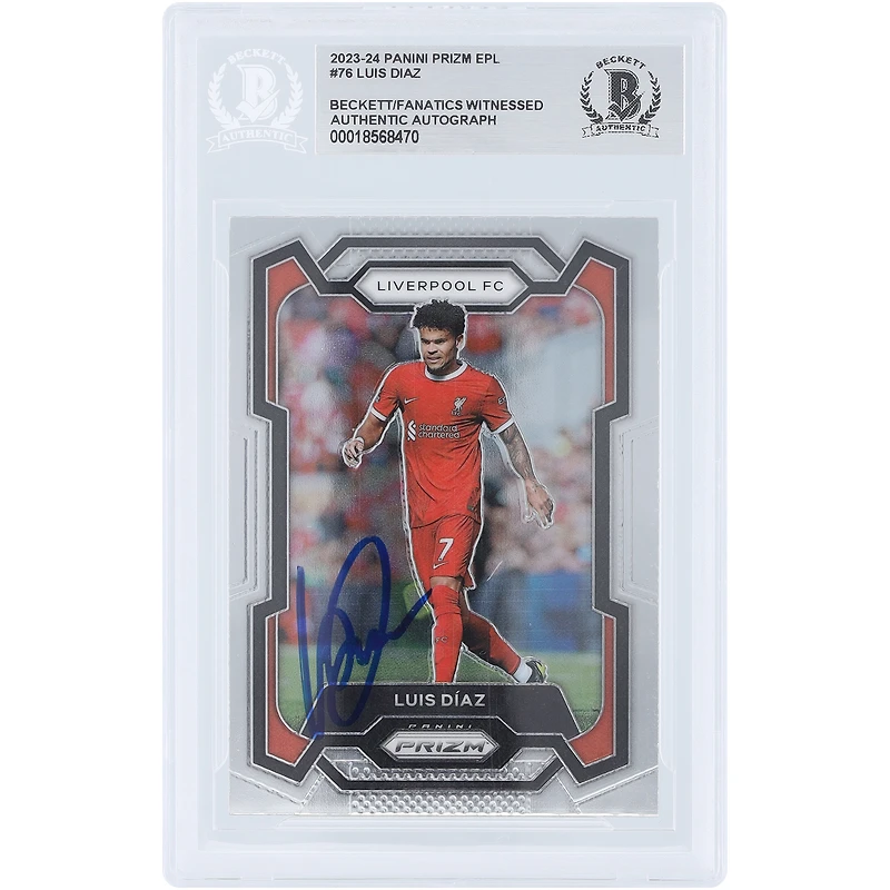 Carte Panini Prizm EPL n° 76 autographiée par Luis Diaz Liverpool 2023-24, fanatiques de Beckett, témoin authentifiée