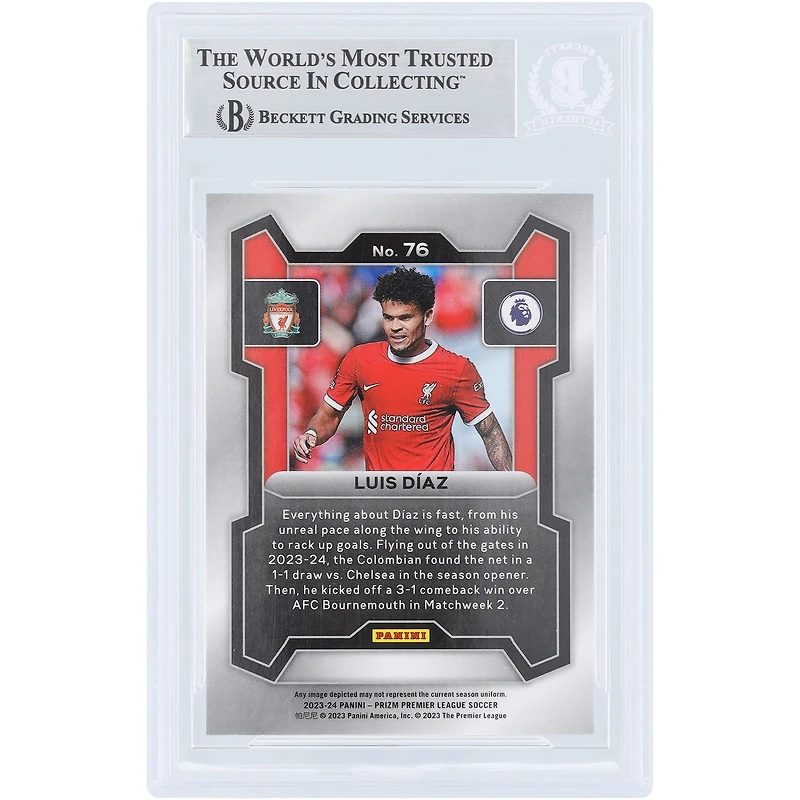 Carte Panini Prizm EPL n° 76 autographiée par Luis Diaz Liverpool 2023-24, fanatiques de Beckett, témoin authentifiée