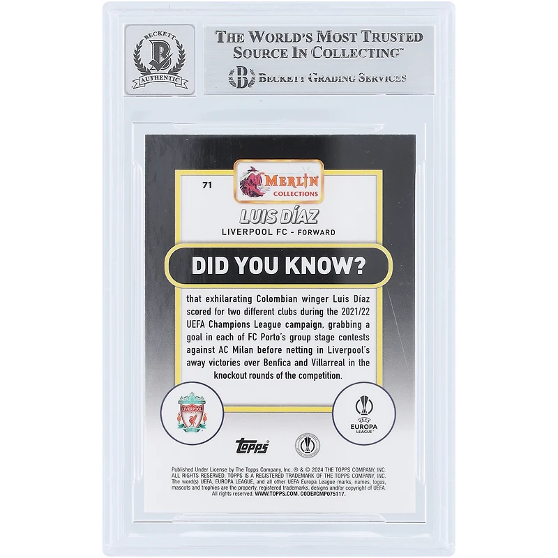 Luis Diaz Liverpool Autographié 2023-24 Topps Merlin UEFA #71 Beckett Fanatics Witnessed Authenticated Auto 10 Card