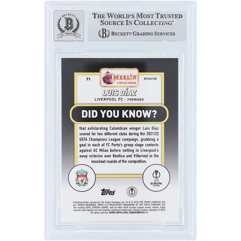 Luis Diaz Liverpool Autographié 2023-24 Topps Merlin UEFA Refractor #71 Beckett Fanatics Witnessed Authentifié Auto 10 Card