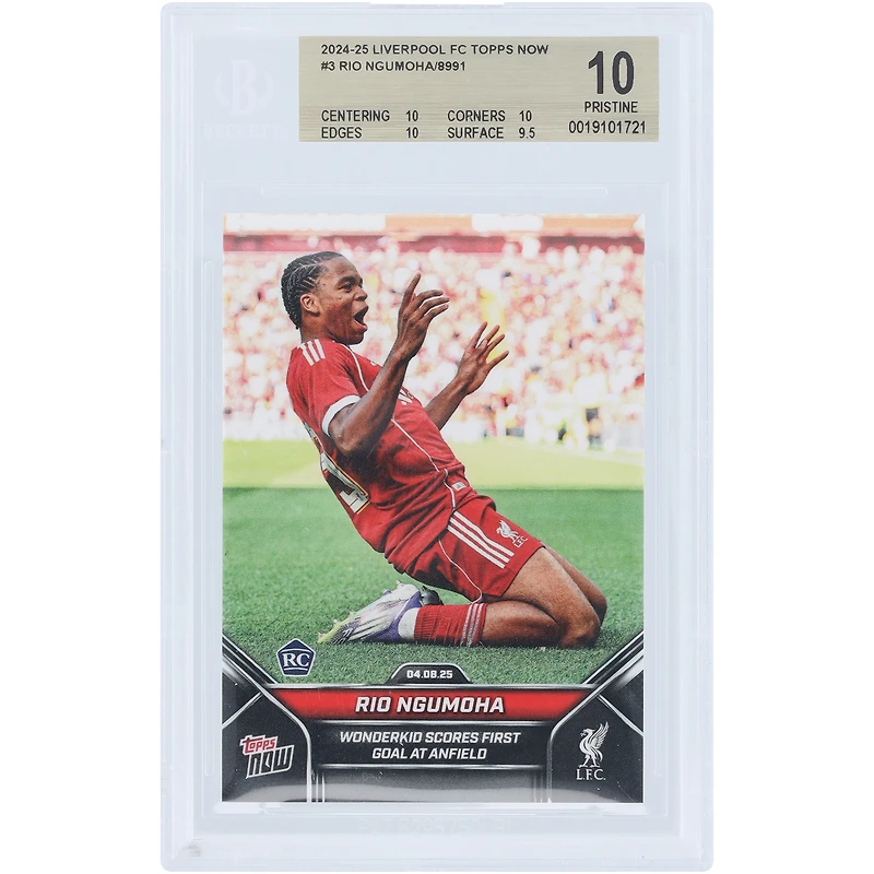 Rio Ngumoha, jeune prodige de Liverpool (saison 2024-25, Topps Now), marque son premier but à Anfield. Carte recrue n° 3 authentifiée BGS 10 - Sous-notes : 10, 10, 10, 9,5