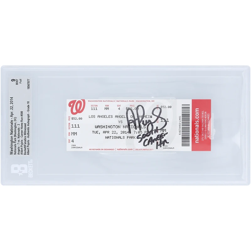 Billet authentifié par Beckett Fanatics Witnessed (9/10) du 22 avril 2014, signé par Albert Pujols des Angels de Los Angeles, pour son 500e coup de circuit en carrière. Inscription « 500e coup de circuit en carrière ».