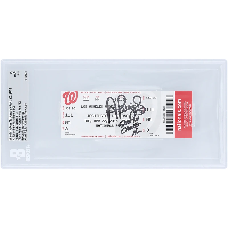 Albert Pujols Los Angeles Angels Autographed Career HR 500 Beckett Fanatics Witnessed Authenticated Mint 9 Ticket from April 22, 2014 with "500th Career HR" Inscription