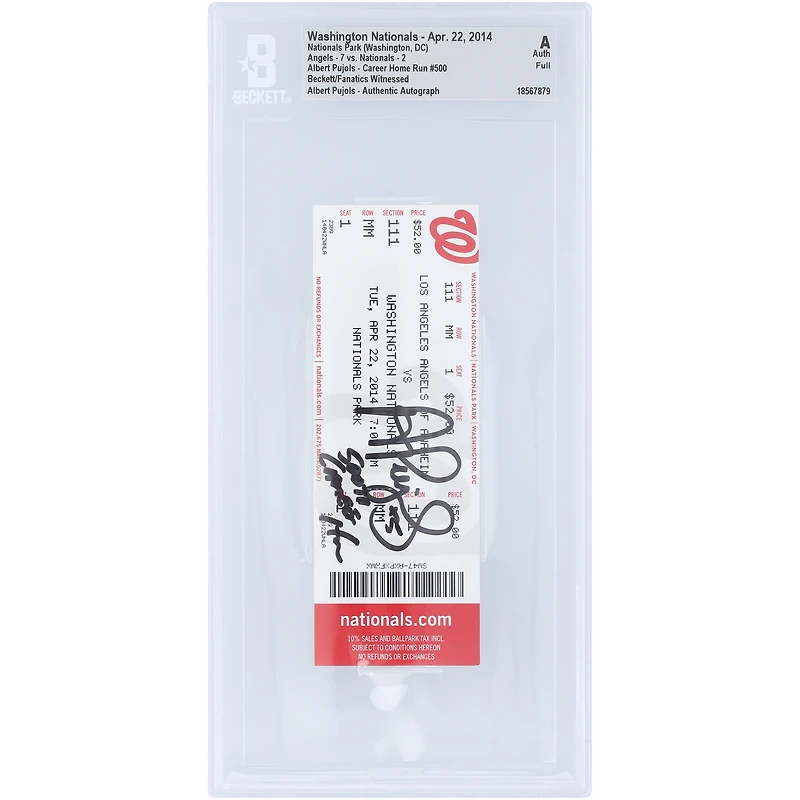 Billet authentifié par Beckett Fanatics Witness, daté du 22 avril 2014, commémorant le 500e coup de circuit en carrière d'Albert Pujols, des Angels de Los Angeles. Inscription « 500e coup de circuit en carrière ».