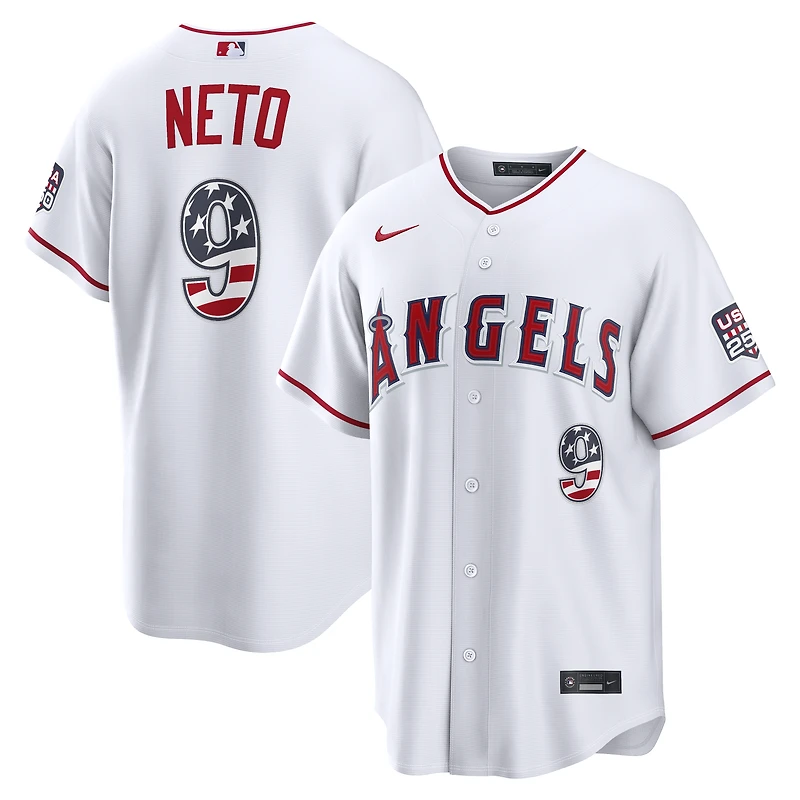 Maillot Nike blanc USA 250 Stadium de Zach Neto, Los Angeles Angels, pour homme, édition spéciale 4 juillet