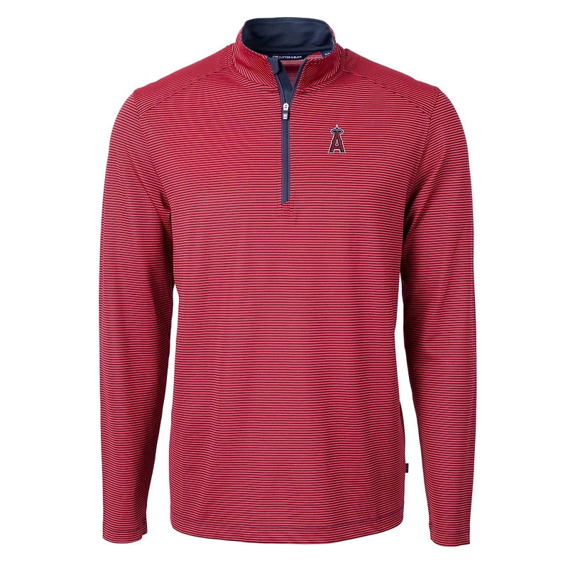 Pull-over zippé recyclé à micro-rayures et col rond pour homme, couleur rouge/bleu marine, des Los Angeles Angels, de Cutter & Buck, en piqué écologique, grande taille.