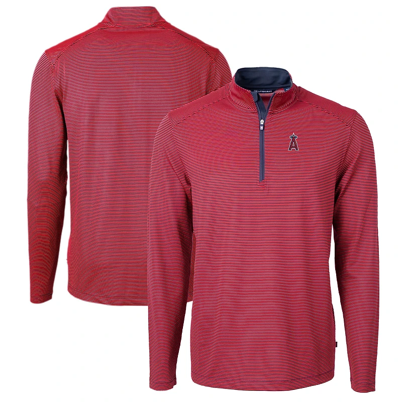 Pull-over zippé recyclé à micro-rayures et col rond pour homme, couleur rouge/bleu marine, des Los Angeles Angels, de Cutter & Buck, en piqué écologique, grande taille.