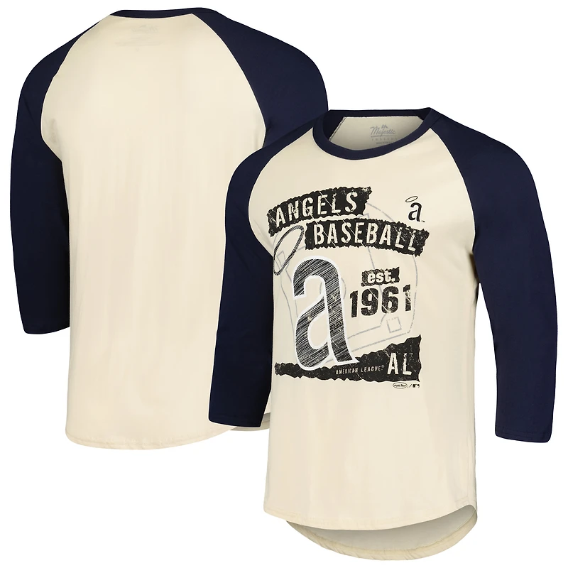 T-shirt raglan à manches 3/4 Majestic Threads pour hommes, crème/bleu marine, Los Angeles Angels