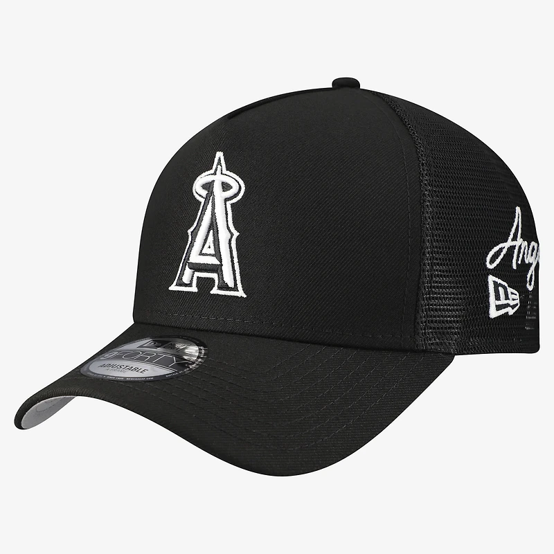 Men's New Era Los Angeles Angels Side Script 9FORTY A-Frame Trucker Adjustable Hat