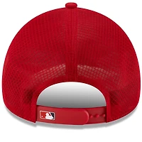 Men's New Era Red Los Angeles Angels 2026 Batting Practice Apex 9FORTY Adjustable Trucker Hat