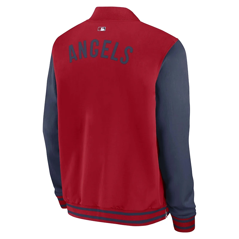 Veste aviateur Nike rouge/bleu marine pour homme, collection authentique Los Angeles Angels, coupe décontractée, entièrement zippée, Dugout