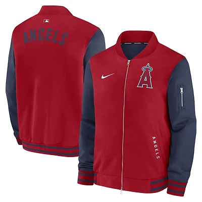 Veste aviateur Nike rouge/bleu marine pour homme, collection authentique Los Angeles Angels, coupe décontractée, entièrement zippée, Dugout