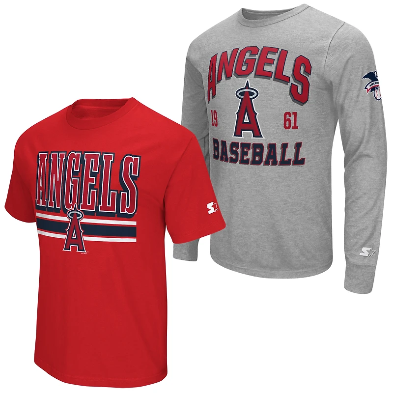 Ensemble de deux t-shirts à manches longues et courtes Starter pour homme, gris chiné/rouge, Los Angeles Angels